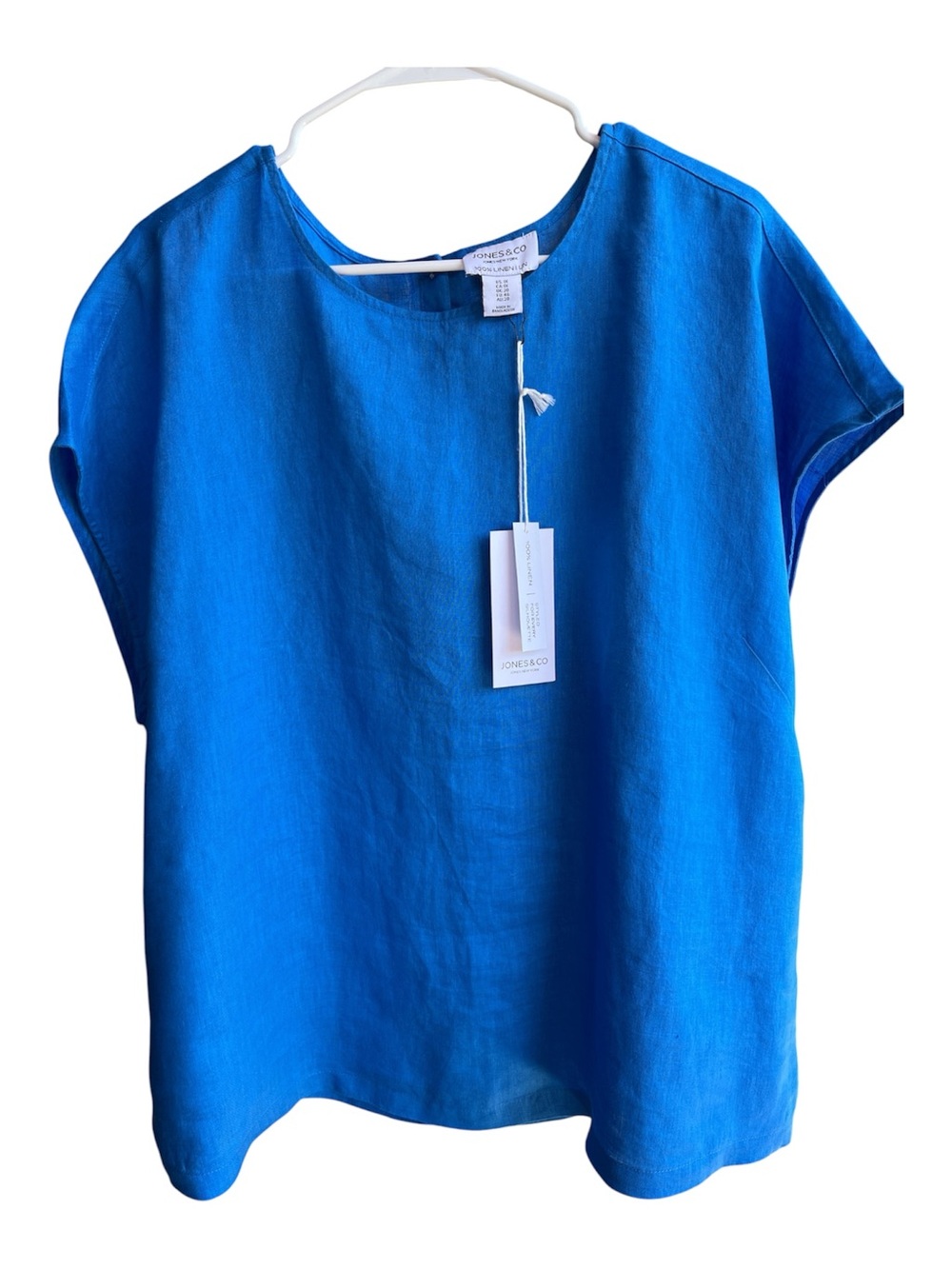 NWT Jones & Co 100% Linen Button-Back Cap Sleeve Blouse Top 1X Blue